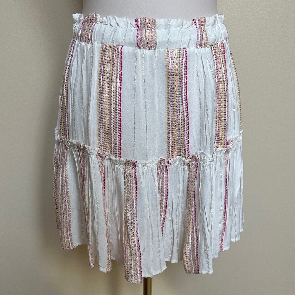 Elan White Pink Metallic Stripe Tiered Mini Skirt Drawstring Waist Size M - Picture 3 of 5